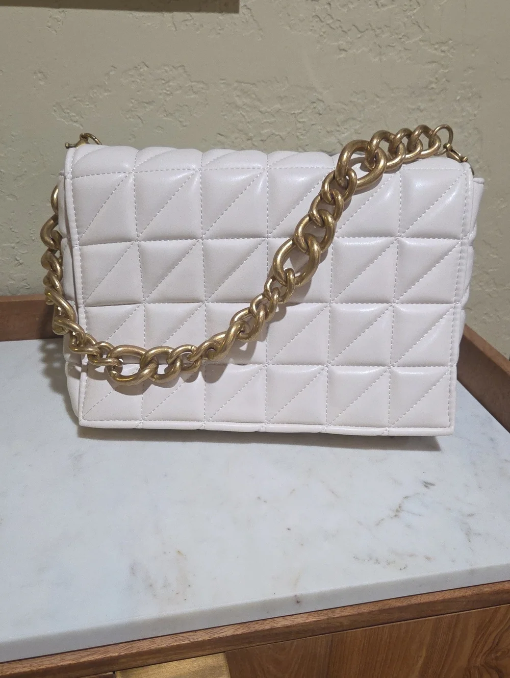 Zara Quilted White Shoulder Bag with Gold Chain